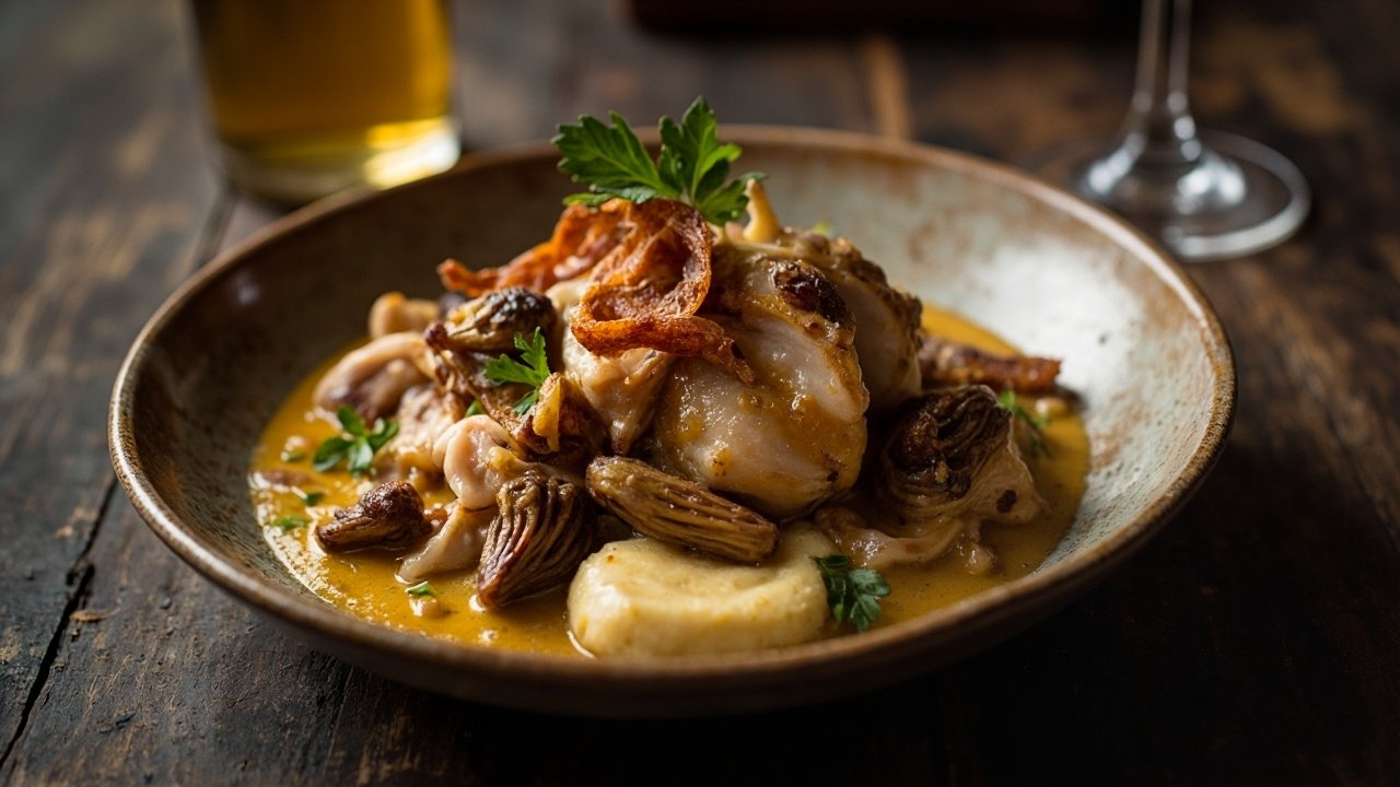 Coq au vin jaune et morilles : recette traditionnelle de la cuisine française du Jura